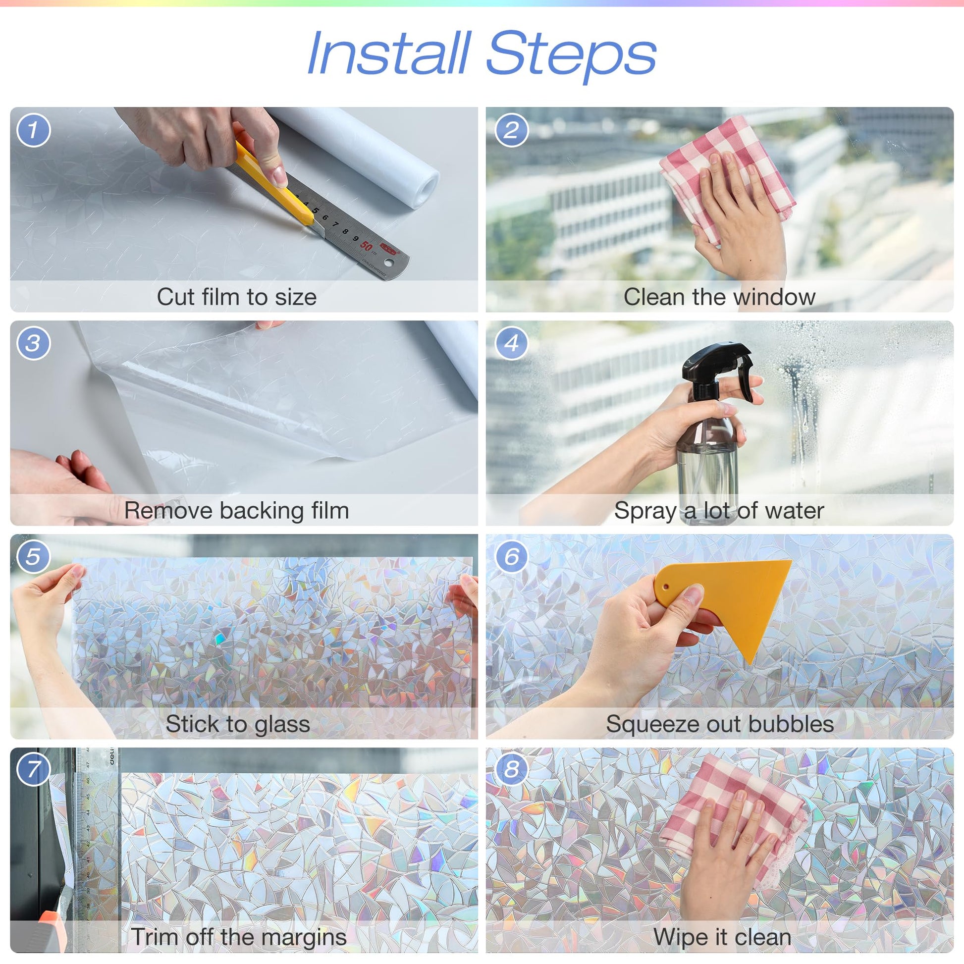 Homein Window Privacy Film, Rainbow Window Film Decorative 3D Window Clings Non Adhesive Window Tint for Home, Stained Glass Window Film for Glass, UV Blocking, 17.5 x 78.7 inches - Medaid International