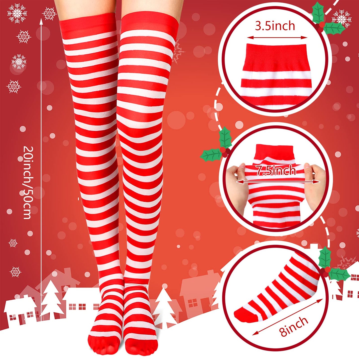 SATINIOR 2 Pairs Halloween Women Thigh High Socks Christmas Striped Long Stockings Women over Knee High Socks Gifts(Striped 1,Red,White) - Medaid International
