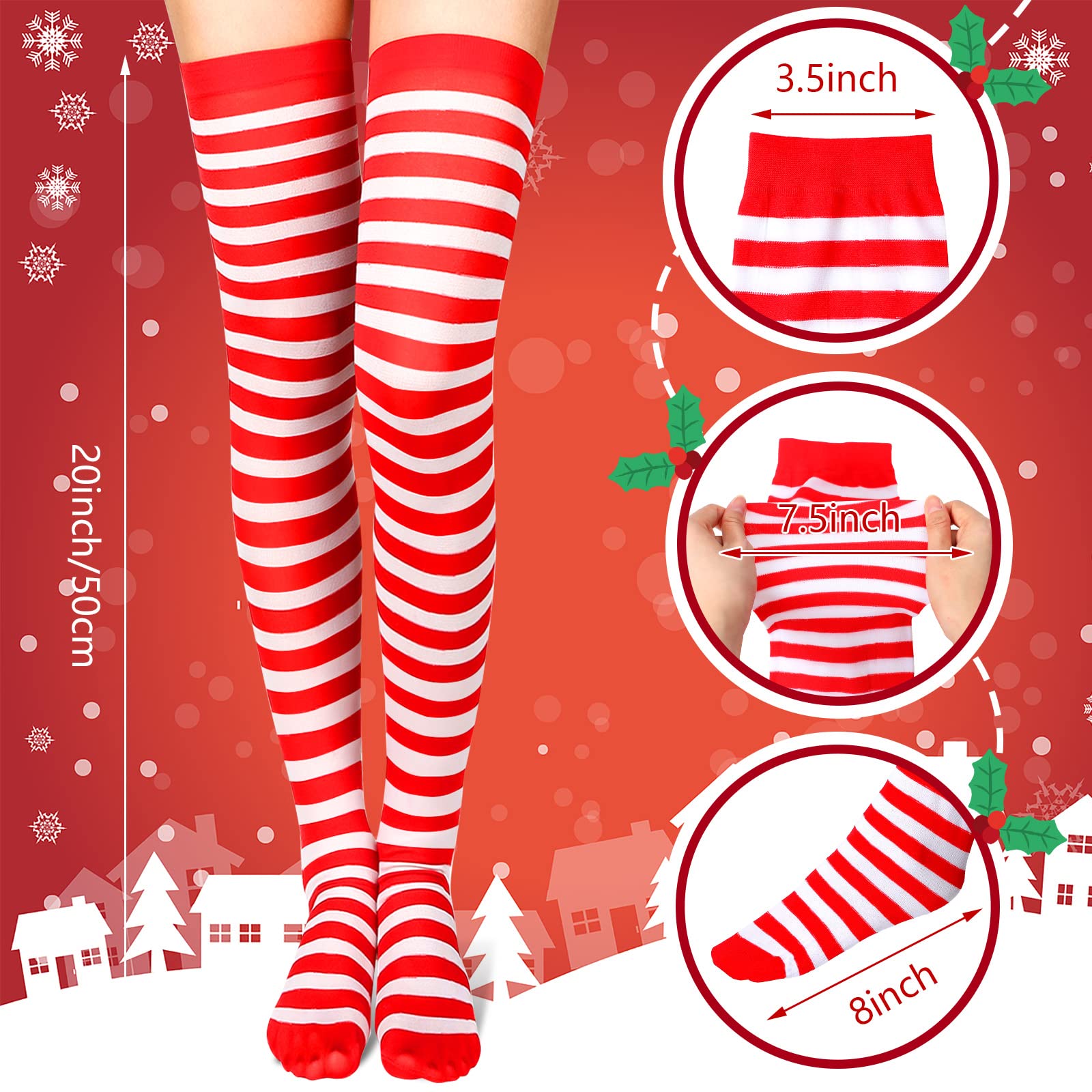 SATINIOR 2 Pairs Halloween Women Thigh High Socks Christmas Striped Long Stockings Women over Knee High Socks Gifts(Striped 1,Red,White) - Medaid International
