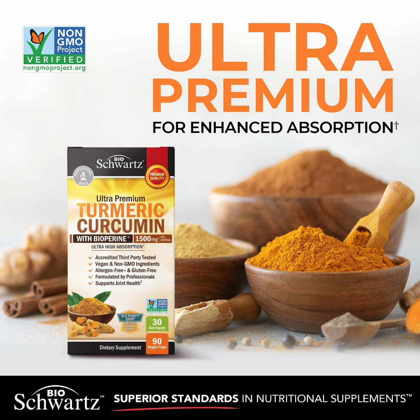 Turmeric Curcumin with Black Pepper Extract 1500mg - High Absorption Ultra Potent Turmeric Supplement with 95% Curcuminoids and BioPerine - Non GMO Tumeric Capsules for Joint Support - 90 Capsules - Medaid International