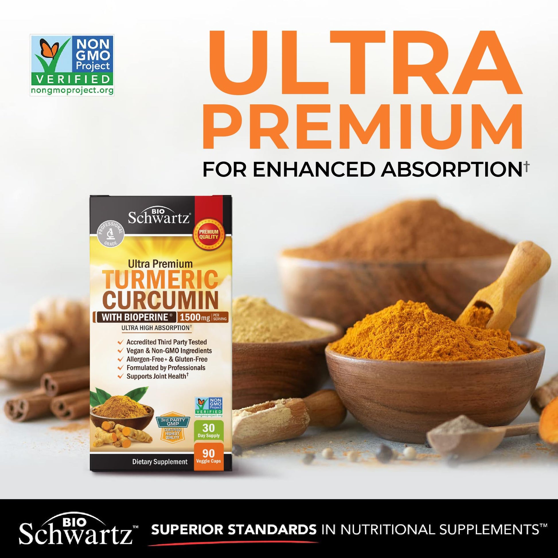 Turmeric Curcumin with Black Pepper Extract 1500mg - High Absorption Ultra Potent Turmeric Supplement with 95% Curcuminoids and BioPerine - Non GMO Tumeric Capsules for Joint Support - 90 Capsules - Medaid International