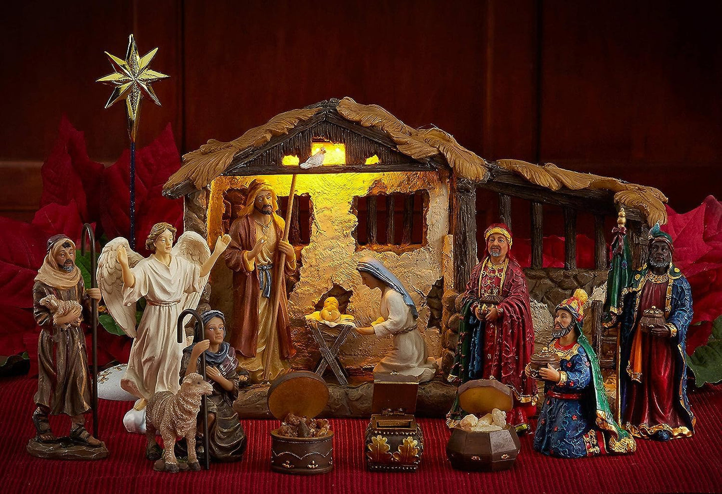 Three Kings Gifts Nativity Set for Christmas Indoor 23 Piece 5 Inch Figures with Lighted Stable, Palm Tree and Chests of Gold, Frankincense and Myrrh - Medaid International