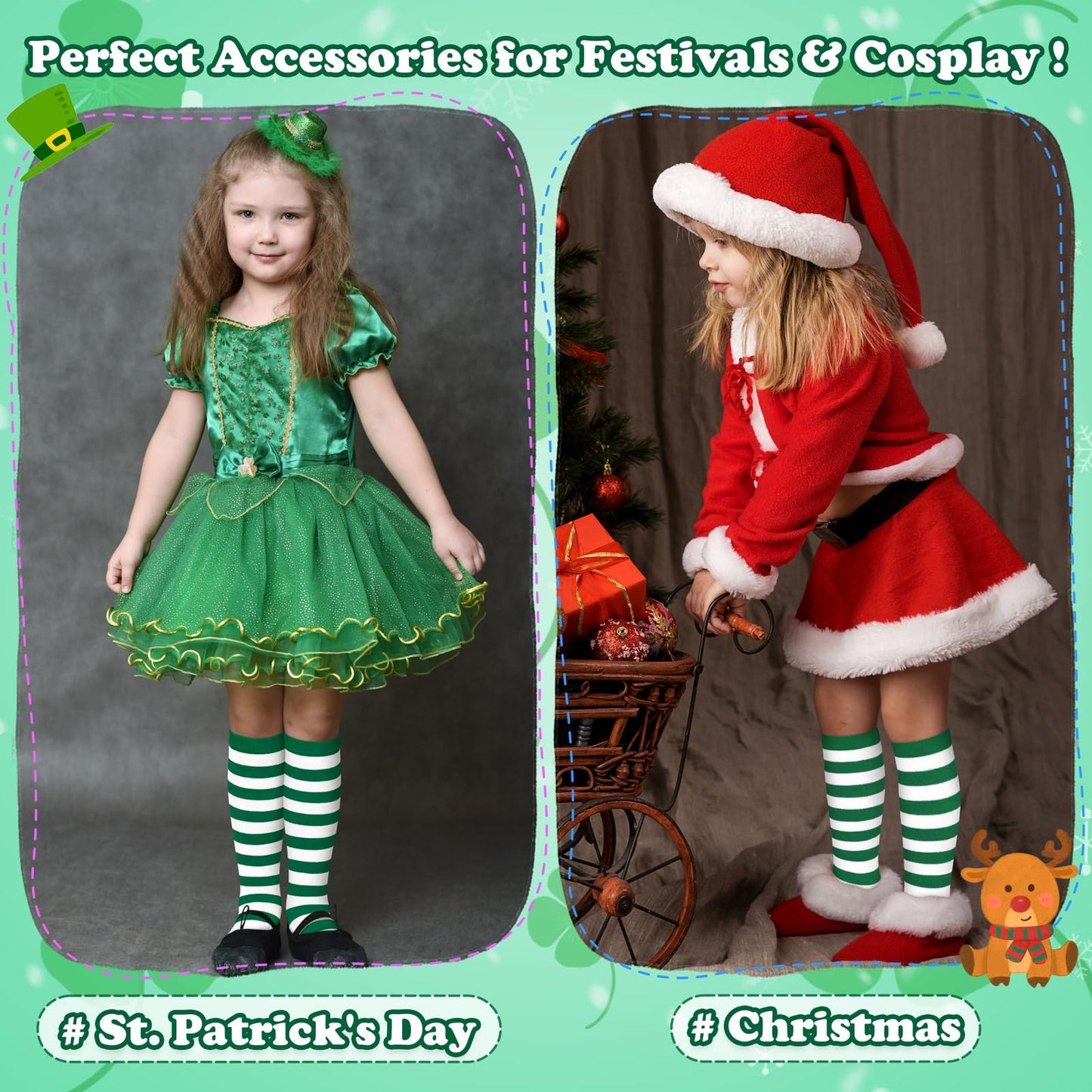 Green and White Striped Socks Kids Christmas Socks for Kids Long Sock for Girls Christmas Sock Xmas Stockings for Girls - Medaid International