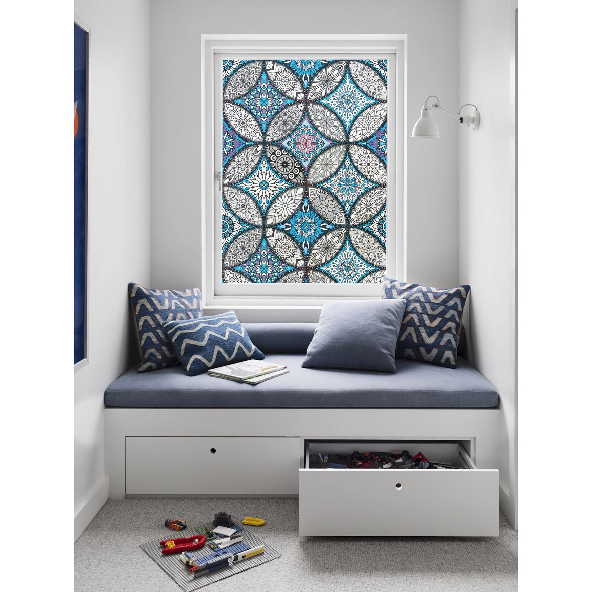 JiffDiff Blue Window Privacy Film Decorative Window Tint Film Stained Glass Window Clings Static Cling Decorative Window Film Sun Blocking Heat Control Window Covering Film for Home - Medaid International