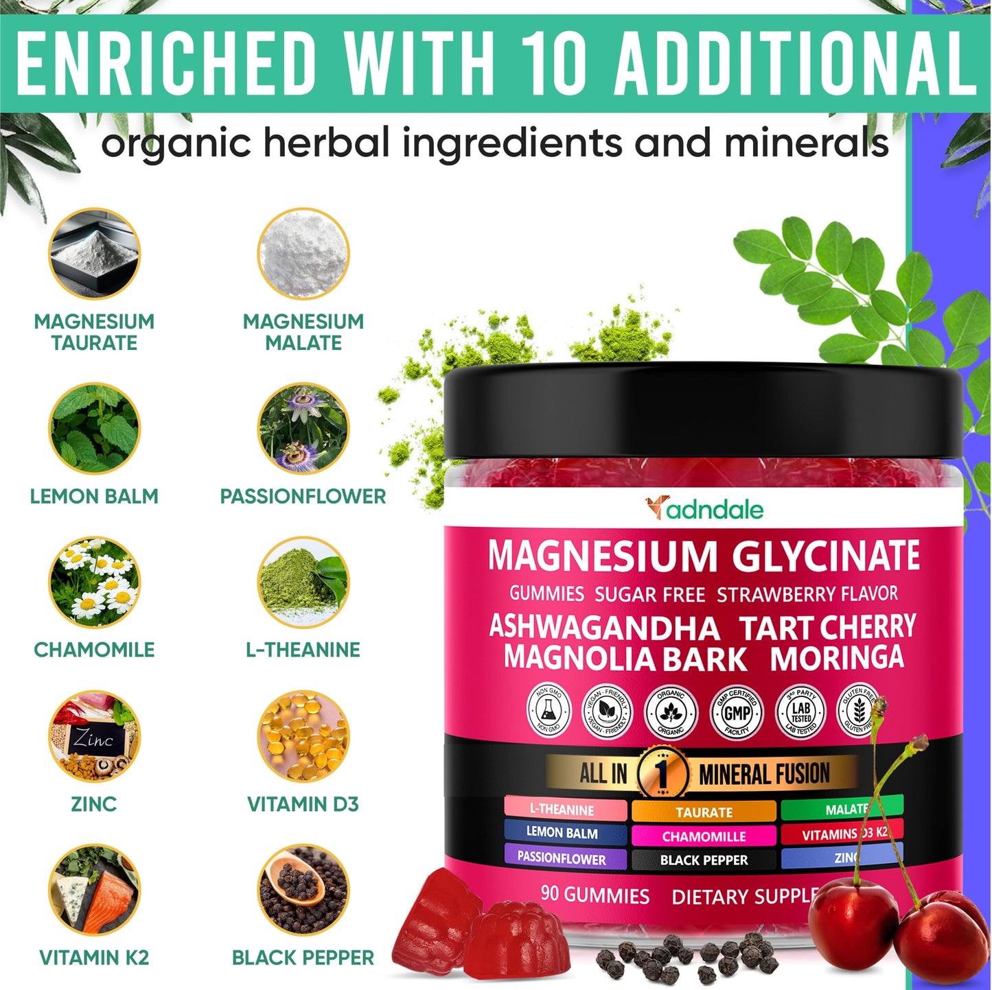 Adndale 90ct 15-in-1 Magnesium Glycinate Gummies 400 mg/serv- with Magnesium Malate, Ashwagandha, Tart Cherry, Magnolia Bark, Lemon Balm, Passionflower, Chamomile, L-Theanine, Zinc, Vitamin K2 & D3 - Medaid International
