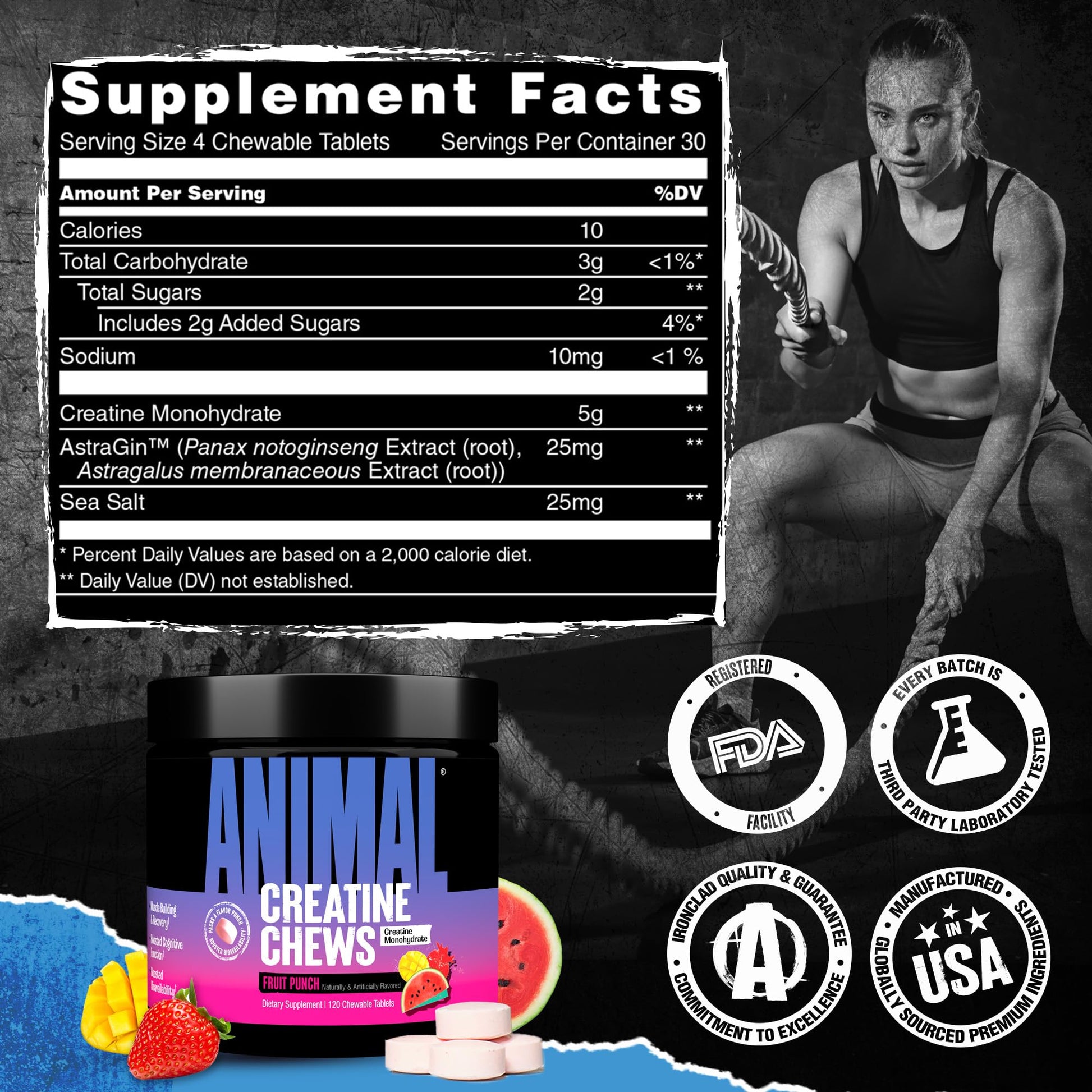 Animal Creatine Chews Tablets - Enhanced Creatine Monohydrate with AstraGin to Improve Absorption, Sea Salt for Added Pumps, Delicious and Convenient Chewable Tablets - Fruit Punch - Medaid International