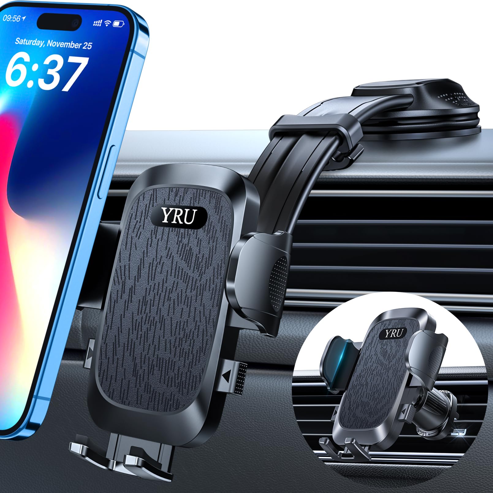 YRU [2025 Ultimate Car Phone Holder Mount [Bendable & Adjustable Aluminum Arm] Cell Phone Holder for Car Dashboard Windshield Phone Stand for iPhone 17 16 15 14 Pro Max Samsung Pickup Truck, Black - Medaid International