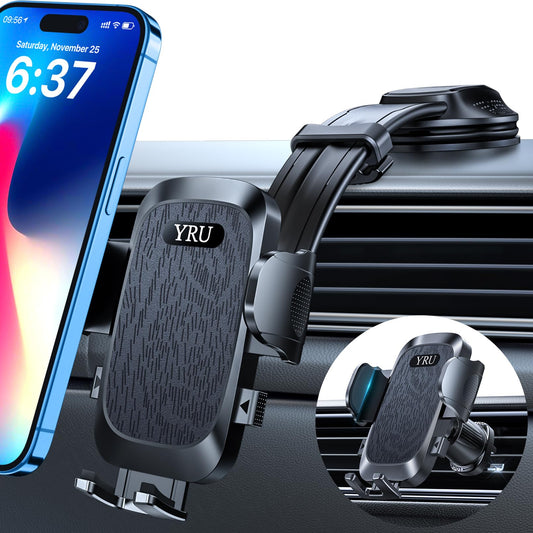 YRU [2025 Ultimate Car Phone Holder Mount [Bendable & Adjustable Aluminum Arm] Cell Phone Holder for Car Dashboard Windshield Phone Stand for iPhone 17 16 15 14 Pro Max Samsung Pickup Truck, Black - Medaid International