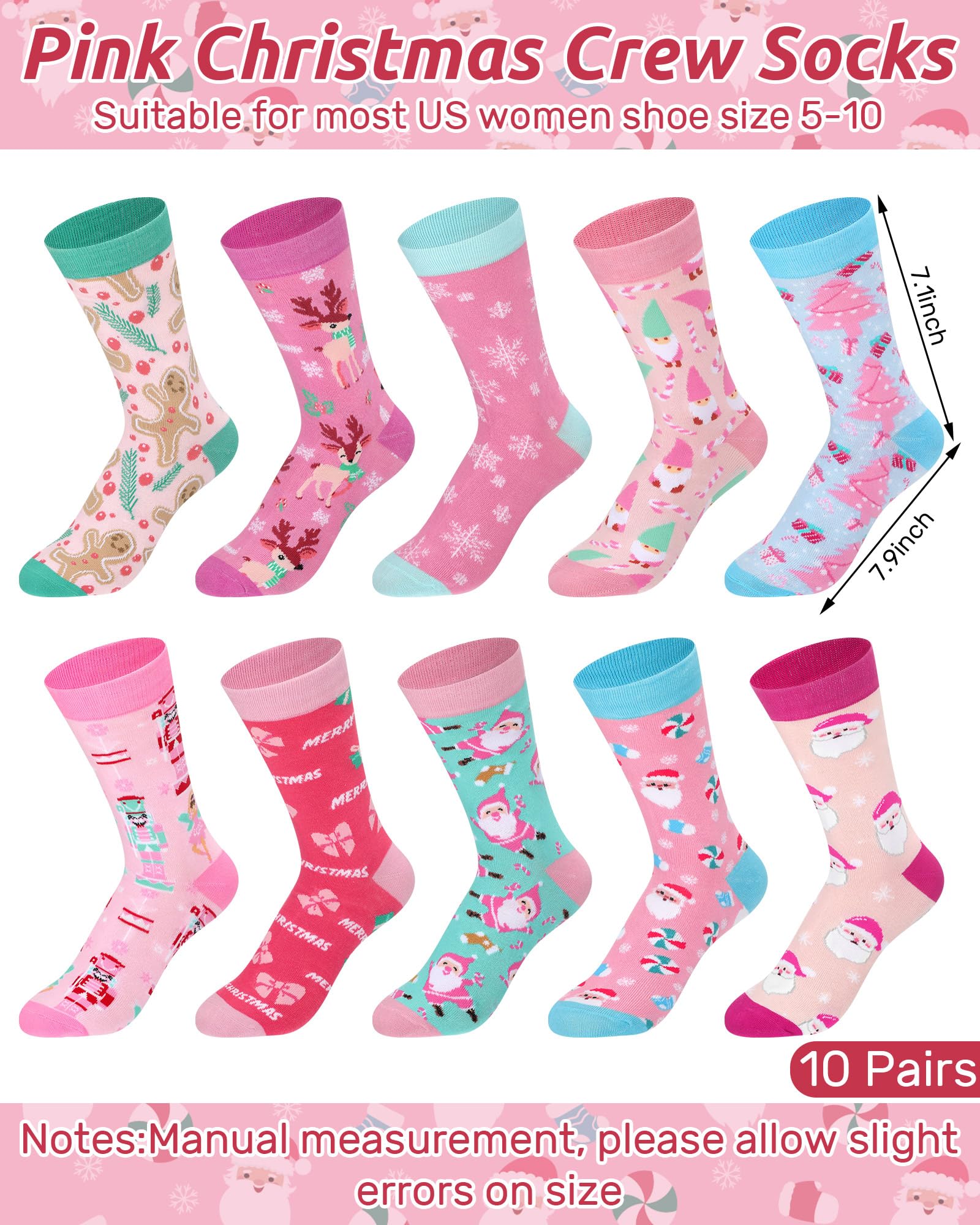 Croloose 10 Pairs Pink Christmas Socks for Women Bulk Fun Xmas Crew Socks Holiday Gift for Stocking Stuffer Party Favors (Multicolor Style) - Medaid International