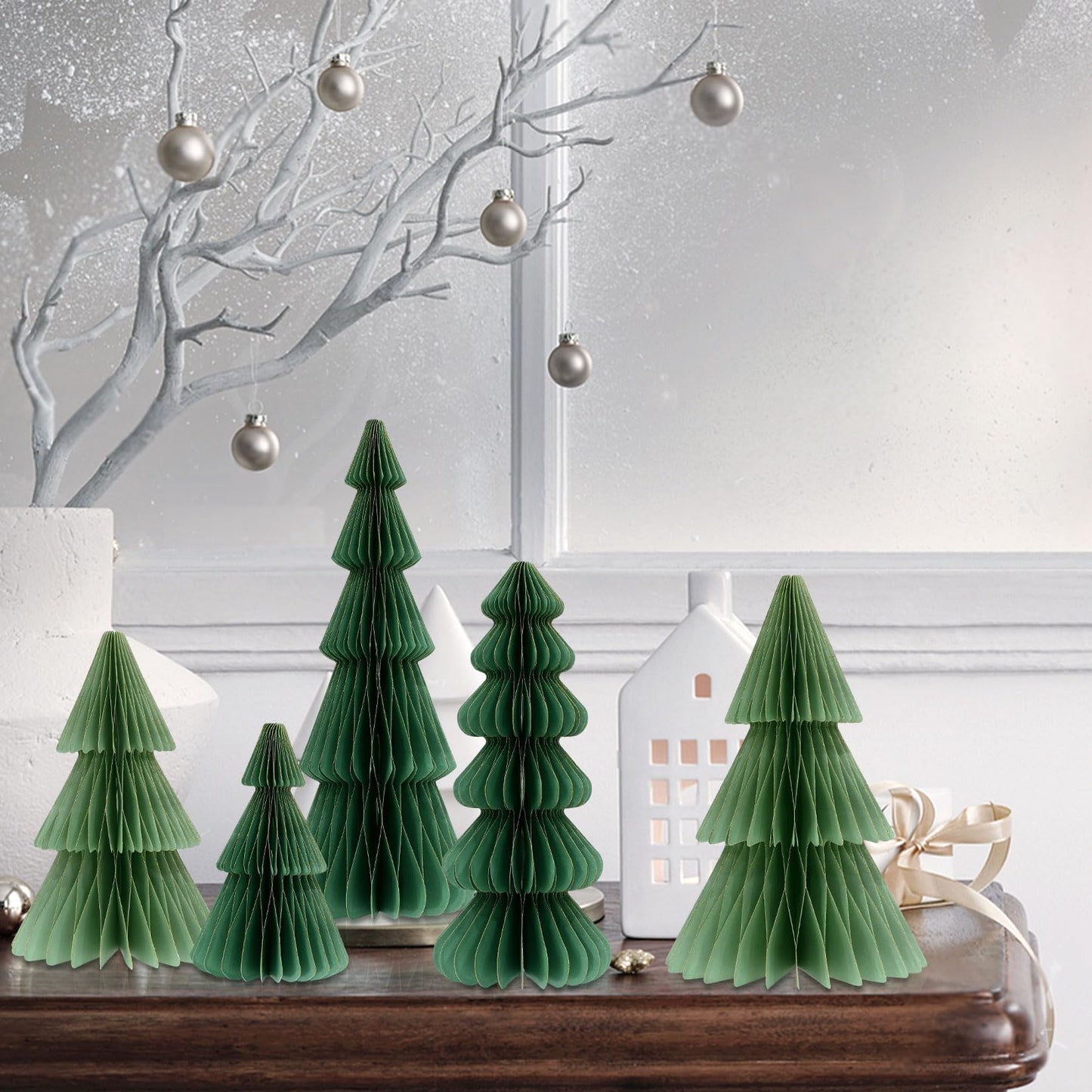 Fenyluxe 5PCS Honeycomb Paper Christmas Trees, Natural Green 3D Foldable Accordion Xmas Trees for Indoor Home Desk Decor, Holiday Dinner Party and Winter Centerpieces - Medaid International