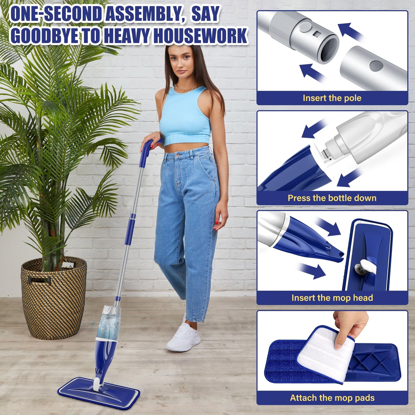 Microfiber Spray Mop for Floors Cleaning: Wet Dry Hardwood Floor Mops with 3 Washable Reusable Pads for Swiffer Powermop - Flat Mop with Sprayer for Tile Wood Laminate Vinyl Marble - Medaid International