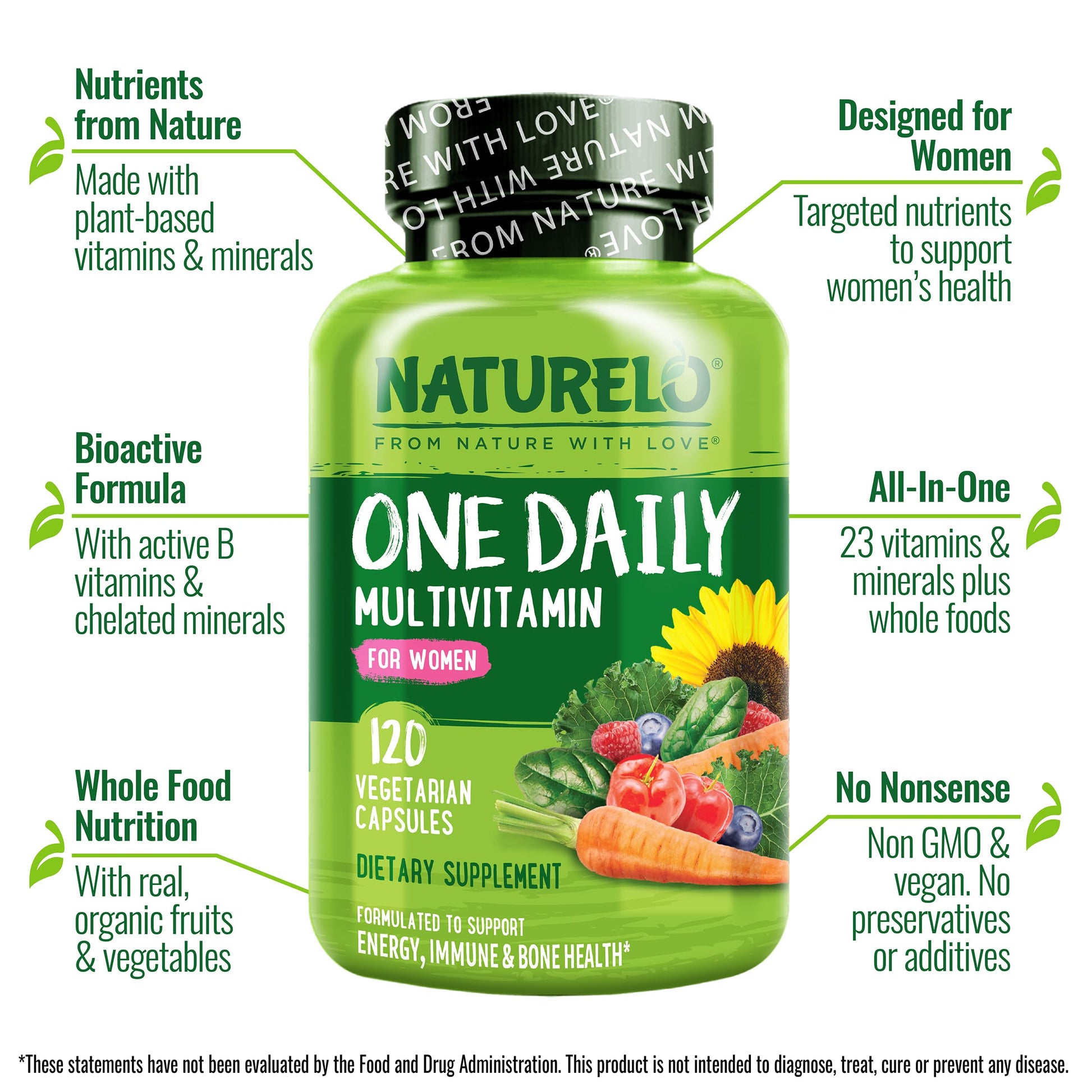 NATURELO One Daily Multivitamin for Women - Energy Support - Whole Food Supplement to Nourish Hair, Skin, Nails - Non-GMO - No Soy - Gluten Free - 120 Capsules - 4 Month Supply - Medaid International