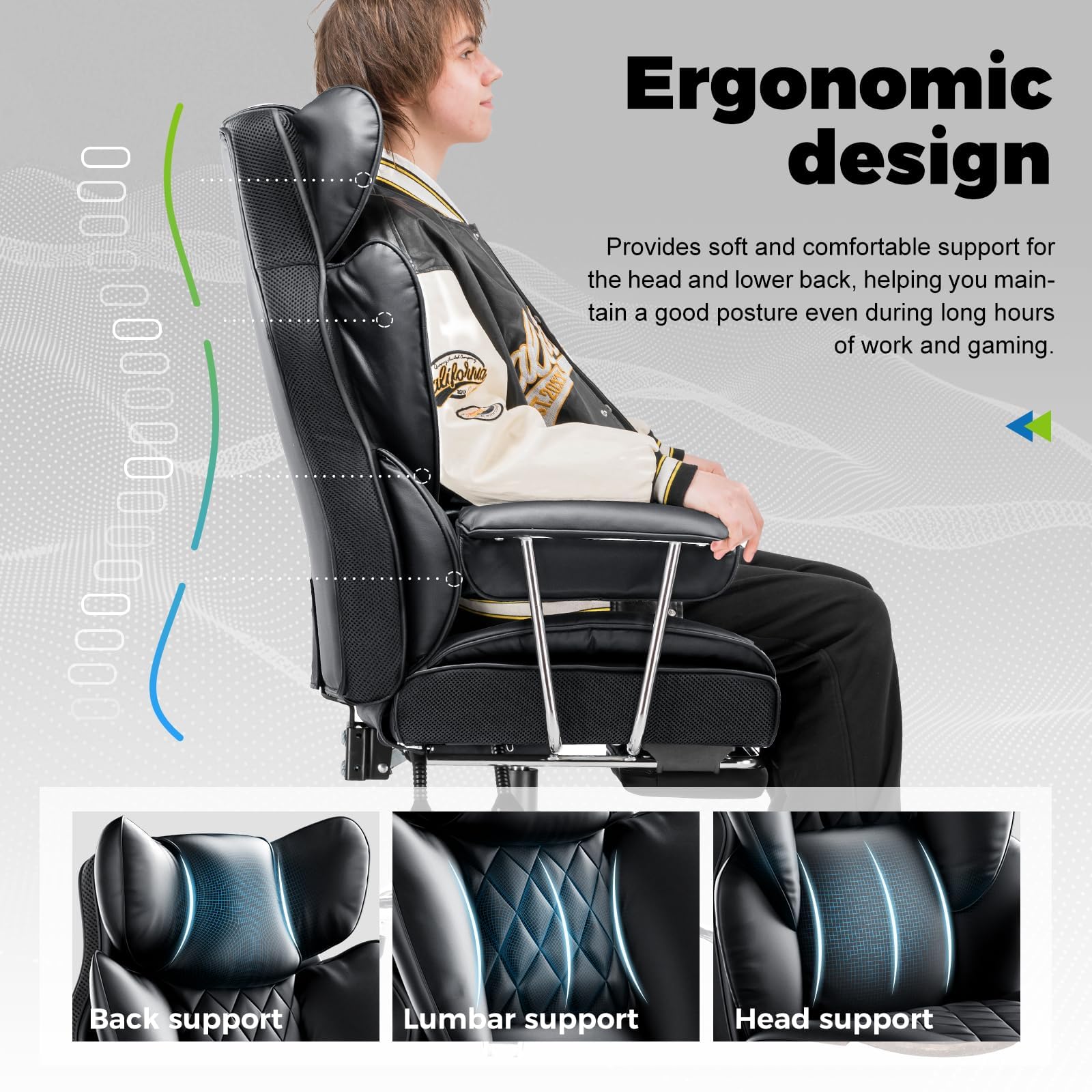 COMHOMA Big and Tall Office Chair, High Back Leather Gaming Chair with Footrest, Executive Ergonomic Office Chair with Pocket Spring Lumbar Support and with Outward Fixed Soft Armrests - Medaid International