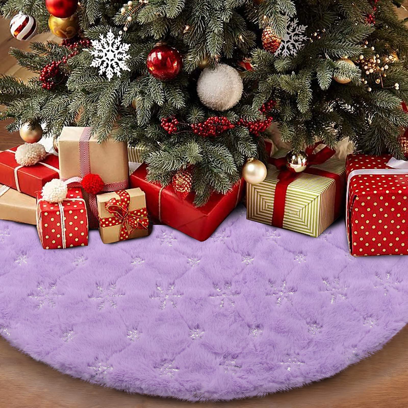 yuboo Purple Faux Fur Christmas Tree Skirt with Silver Snowflakes, 48 Inches Lavender Xmas Tree Mat for Purple Spring Easter Decorations for Home - Medaid International