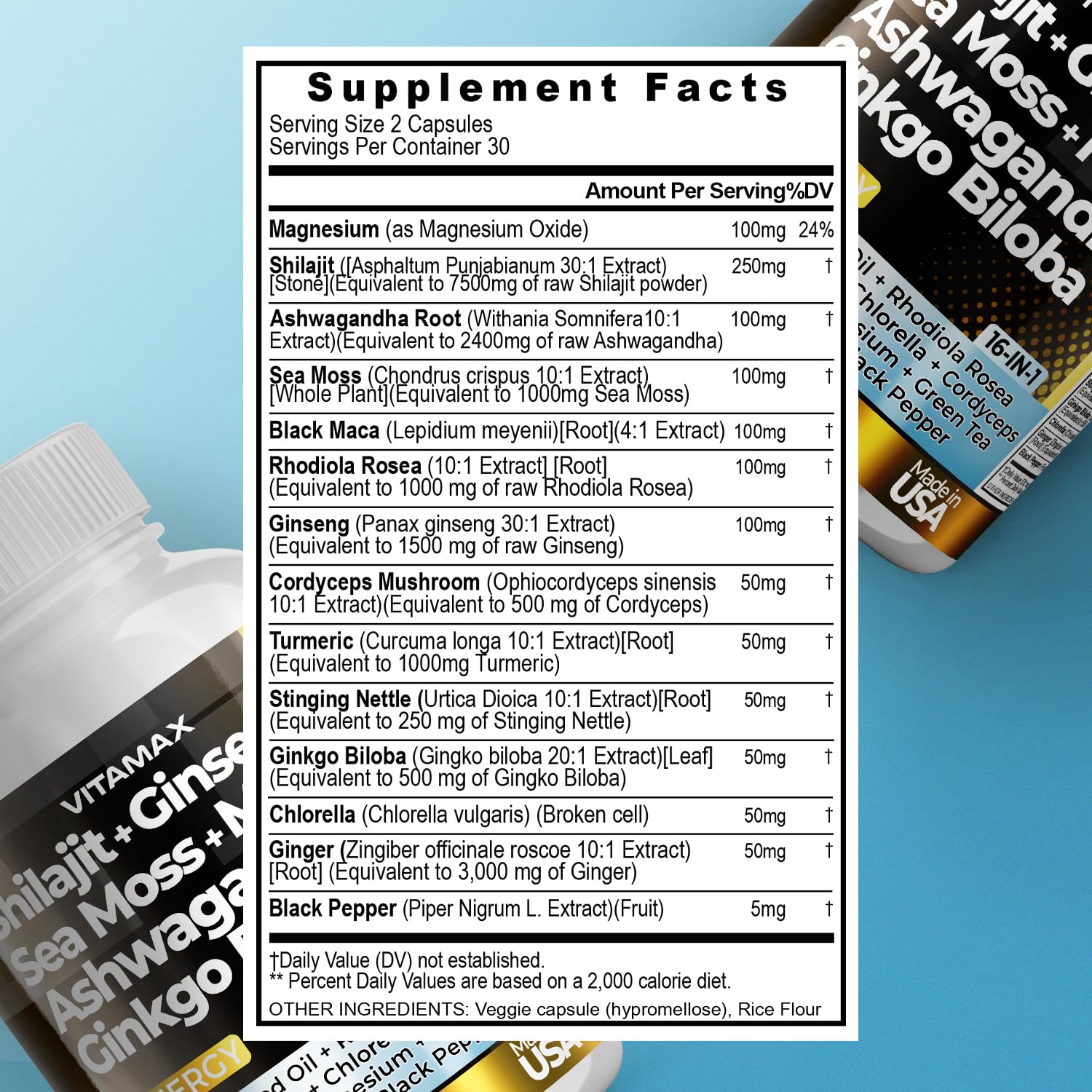 Pure Himalayan Shilajit Supplement, Ashwagandha, Sea Moss, Rhodiola Rosea, Gingko Biloba - Fulvic Acid & Trace Mineral Capsules for Men and Women – Made in USA - Medaid International