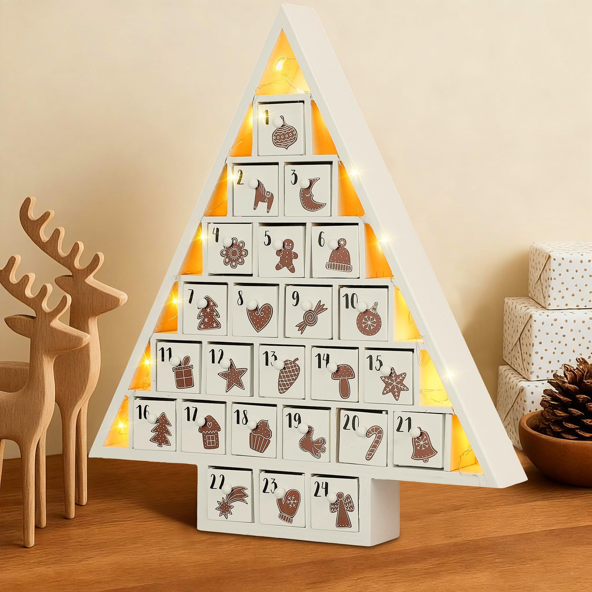 Cinnvoice LED Wooden Christmas Advent Calendar with 24 Drawers, Tree Shaped Countdown to Christmas Refillable Wooden Advent Calendar with LED Lights, Reusable Xmas Gift for Family Adults Friend, White - Medaid International