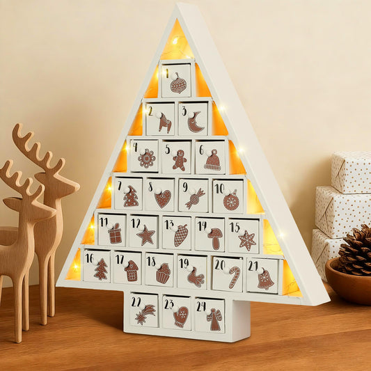 Cinnvoice LED Wooden Christmas Advent Calendar with 24 Drawers, Tree Shaped Countdown to Christmas Refillable Wooden Advent Calendar with LED Lights, Reusable Xmas Gift for Family Adults Friend, White - Medaid International