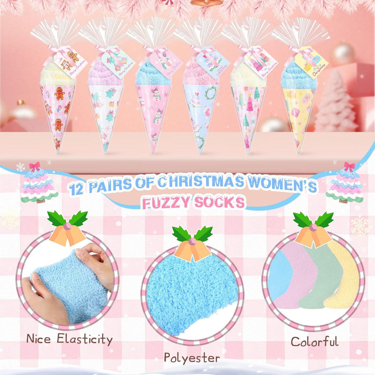 JenPen 12 Sets Funny Christmas Socks Gift for Women Novelty Cozy Ice Cream Warm Pink Christmas Fuzzy Socks with Card Ribbon Wrapping Bags Boho Xmas Holiday Stocking Stuffers Gift for Winter Holiday - Medaid International