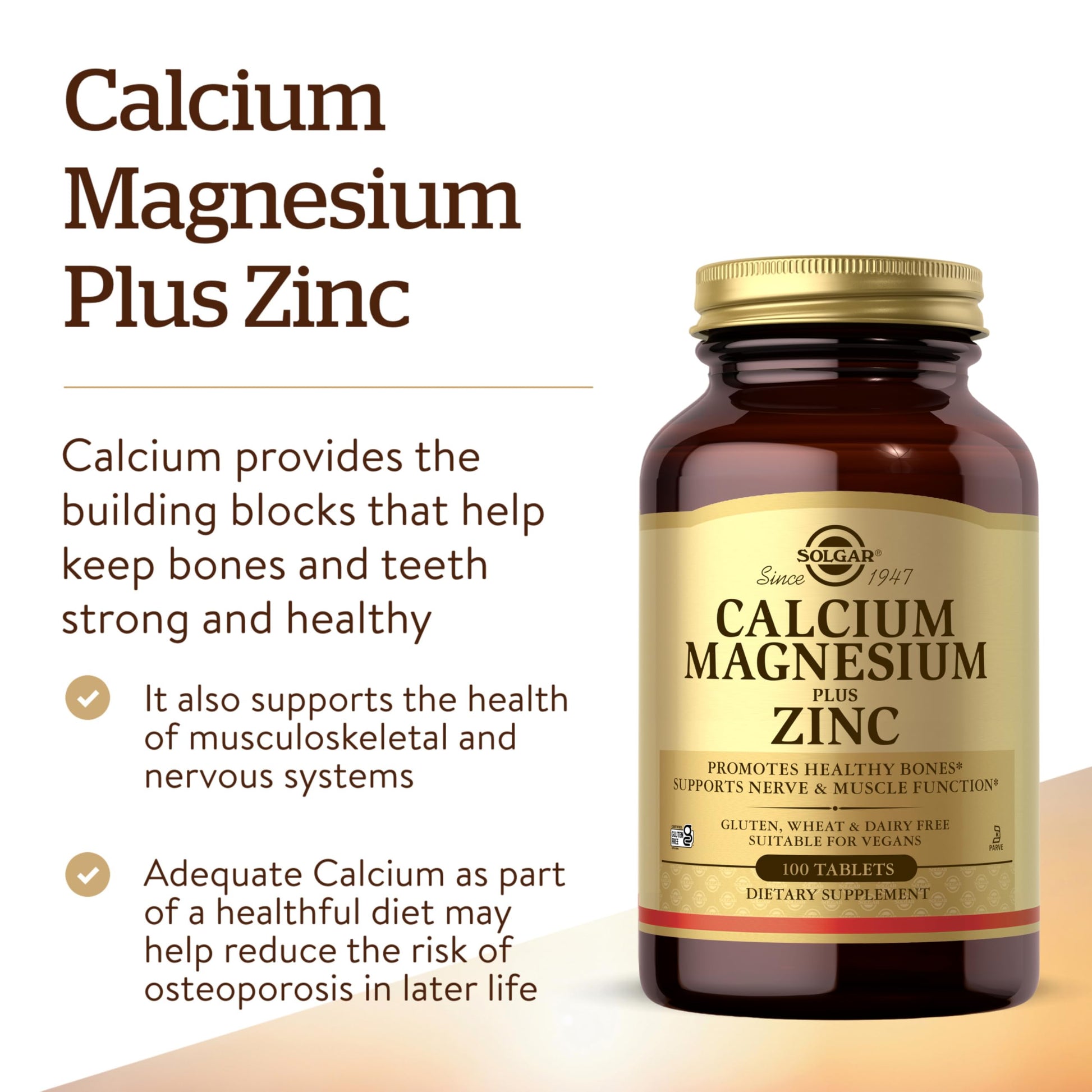 Solgar Calcium Magnesium Plus Zinc, 100 Tablets - Promotes Healthy Bones and Teeth - Supports Nerve & Muscle Function - Non-GMO, Vegan, Gluten Free, Dairy Free, Kosher - 33 Servings - Medaid International