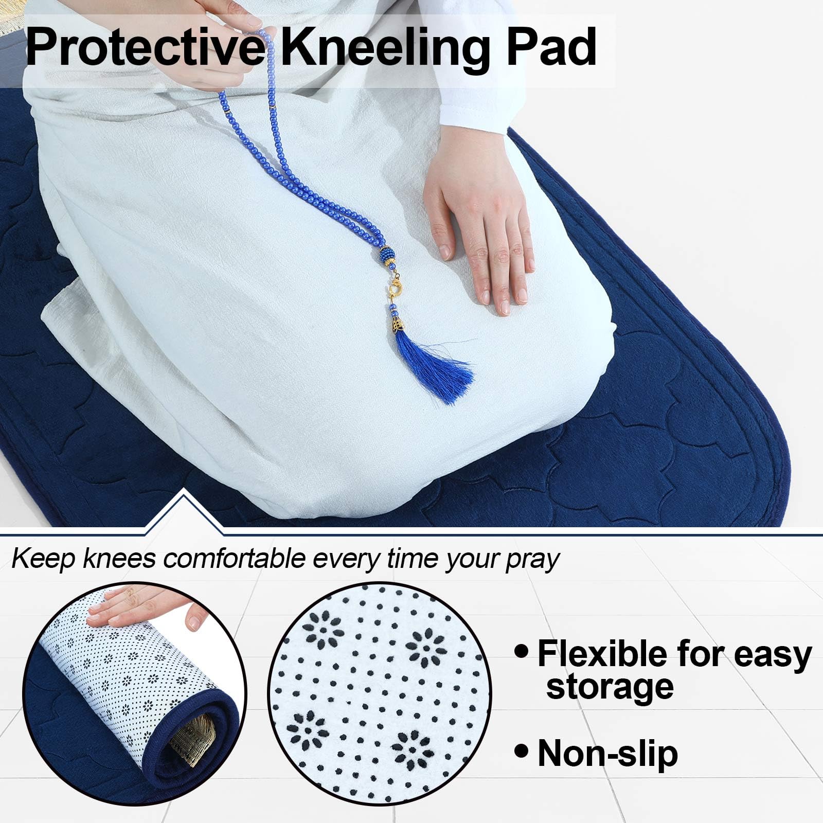 Fanfanwin 2 Pcs Muslim Prayer Rug Blue and Black Thickening Sponge Muslim Rug Islamic Prayer Mat with 2 Pcs Prayer Beads Islam Gifts for Men Women Eid Travel Ramadan - Medaid International