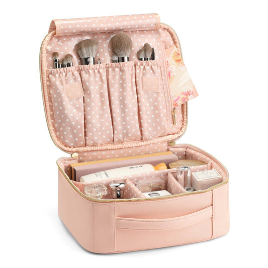 Vlando Travel Makeup Bag, Large Capacity Cosmetic Bag for Women PU Leather Makeup Case Organizer Portable Make up Bag with Dividers and Handle for Girls,Wedding,Makeup Brushes Pink - Medaid International