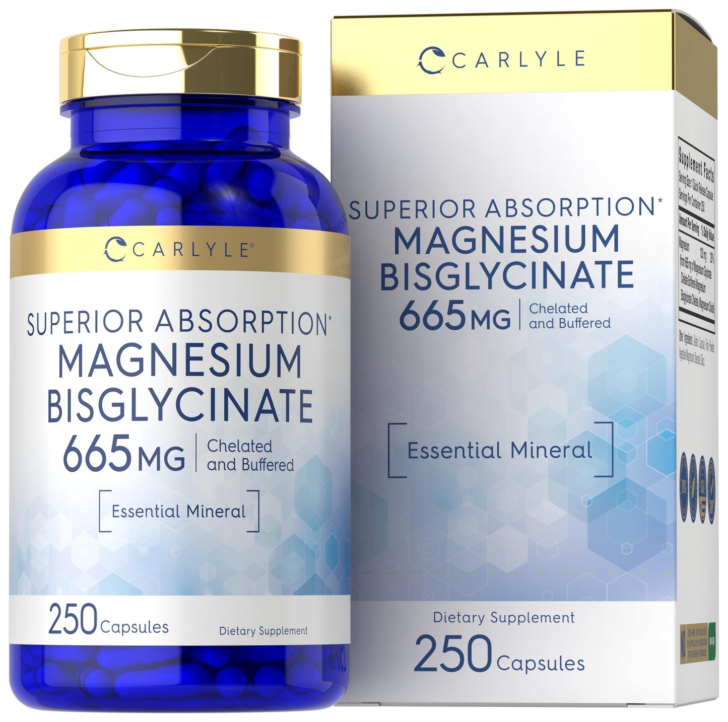 Carlyle Buffered Magnesium Bisglycinate 665 mg | 250 Capsules | Chelated Essential Mineral | Non-GMO and Gluten Free Supplement - Medaid International