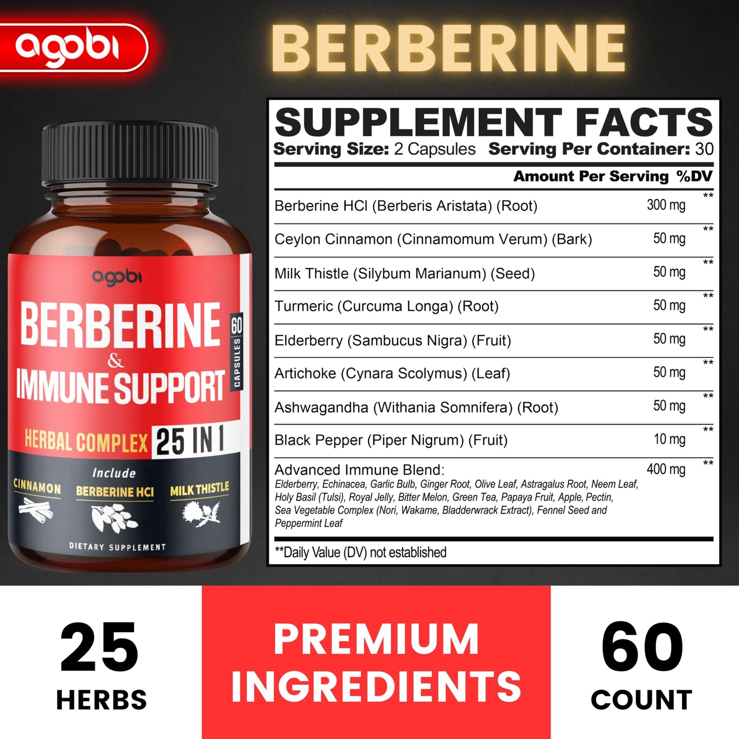 Premium Berberine Supplement with Ceylon, Ashwagandha, Turmeric, Milk Thistle, Elderberry & Black Pepper - Supports Immune System, Cardiovascular & Gastrointestinal - 60 Capsules - Medaid International