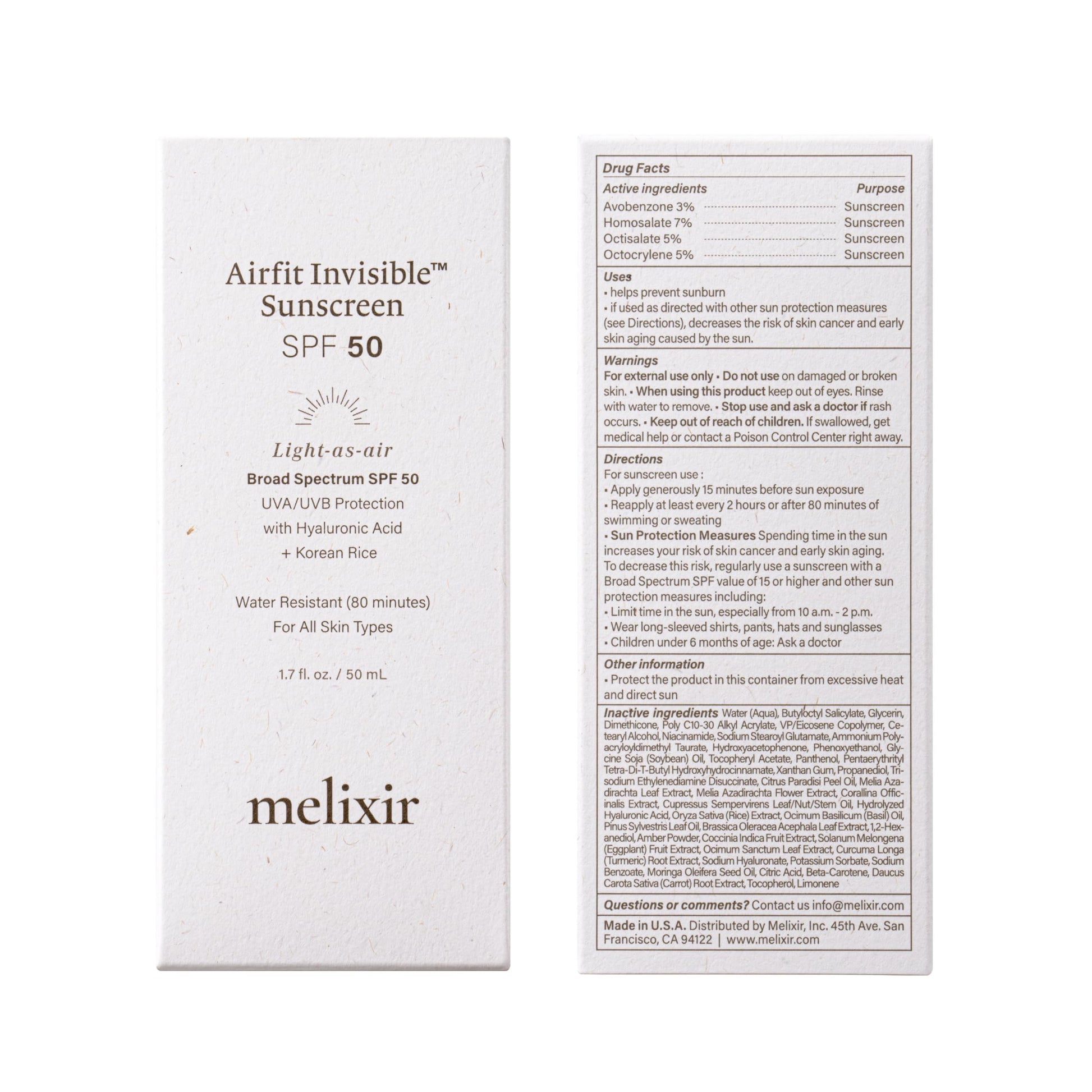 Melixir Airfit Invisible™ Sunscreen SPF 50, Broad Spectrum Korean Rice Sunscreen for Face, Hyaluronic Acid, Moisturizing Daily Protection for Sensitive Skin, No White Cast, Waterproof (1.7fl.oz./50ml) - Medaid International