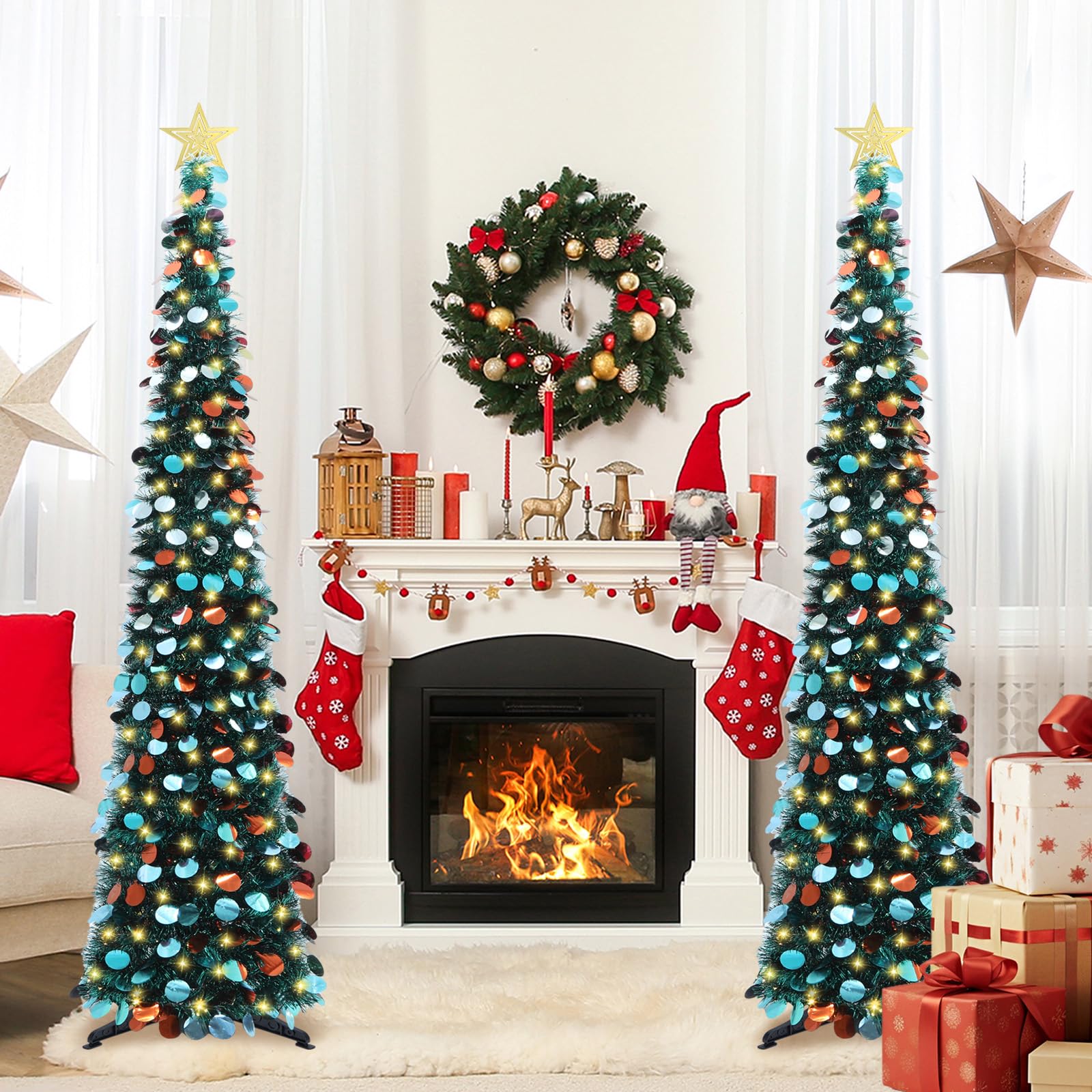 HMASYO 6 FT Pop Up Christmas Tree with 100 LED Lights & Remote, Green Christmas Tinsel Tree, Collapsible Artificial Pencil Tree for Home Office Party Decor, USB Powered Timer Lights, Easy Assembly - Medaid International