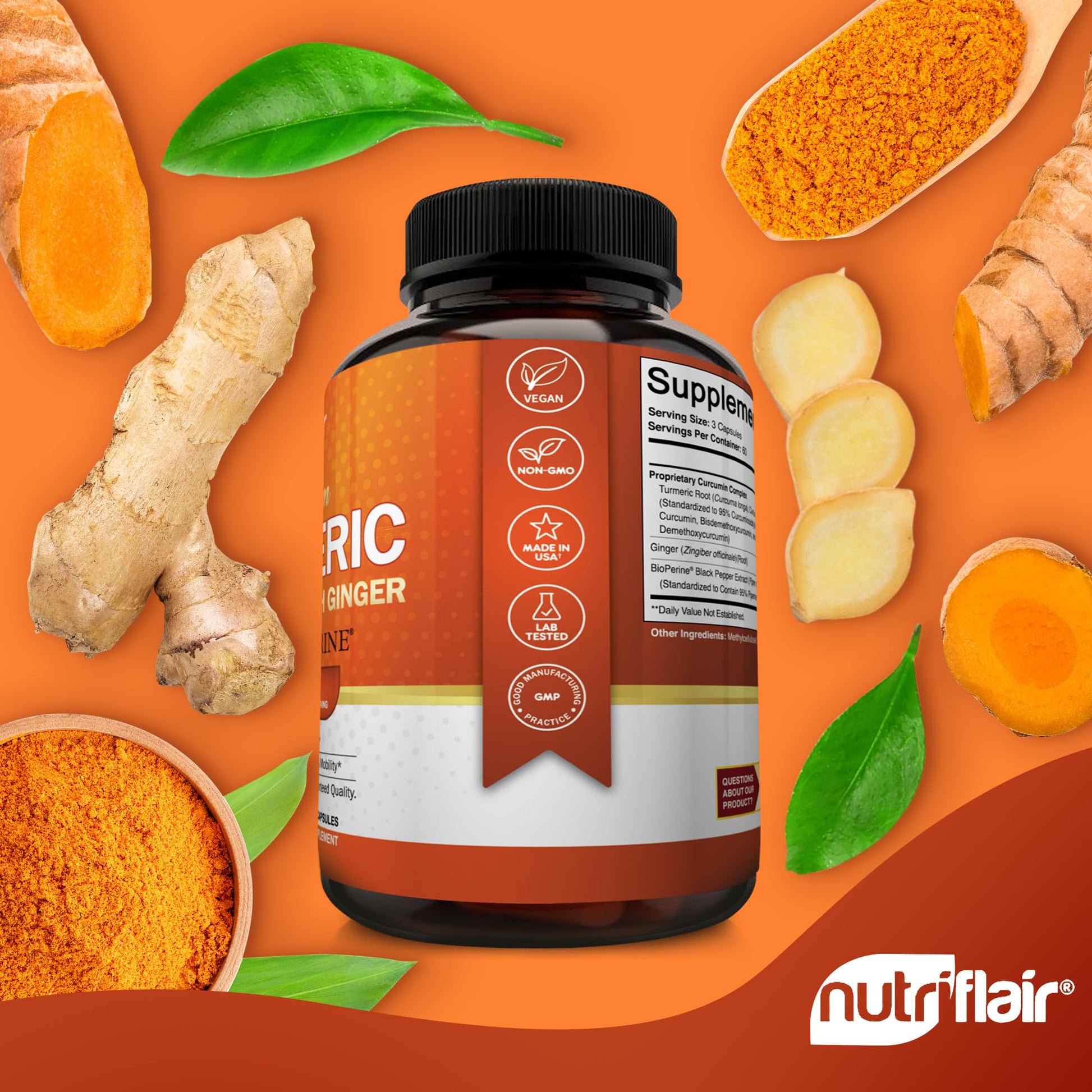 NutriFlair Turmeric Curcumin with Ginger and BioPerine Black Pepper Supplements, 180 Capsules - 95% Curcuminoids - Joint Support, Antioxidant, Anti Aging - Natural, Non-GMO, Vegan Best Maximum Potency - Medaid International