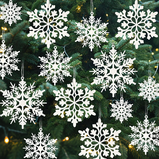 18pcs Christmas White Plastic Snowflake Hanging Ornaments for Winter Christmas Tree Decorations Size Varies Craft Snowflakes - Medaid International
