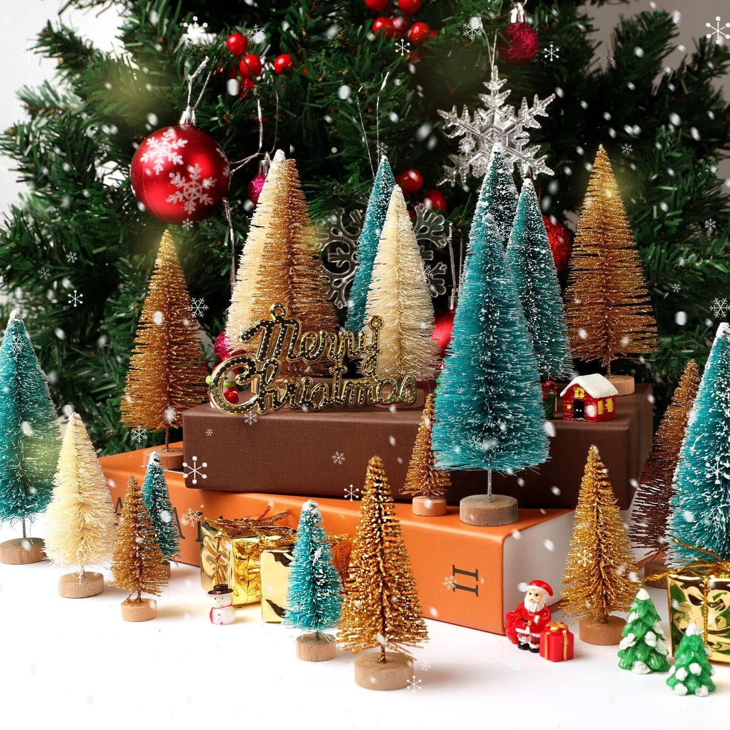9Pcs Mini Christmas Trees, Artificial Christmas Tree Bottle Brush Trees Christmas, Sisal Snow Trees with Wooden Base for Christmas Decor Christmas Party Home Table Craft (9) - Medaid International