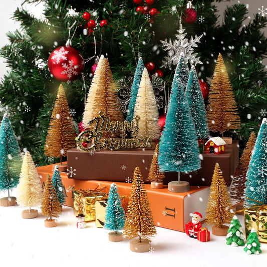9Pcs Mini Christmas Trees, Artificial Christmas Tree Bottle Brush Trees Christmas, Sisal Snow Trees with Wooden Base for Christmas Decor Christmas Party Home Table Craft (9) - Medaid International
