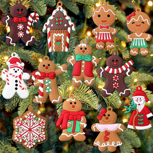 12pcs Christmas Ornaments Cute Snowman Xmas Tree Decorations Santa Claus Plastic Figurines Ornaments with Sugar Cookie House for Christmas Tree Hanging Party DIY Decor 3 Inch Tall - Medaid International
