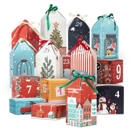 DIY Christmas Advent Calendar Boxes to Fill, 25 Numbered Empty Advent Calendar Houses Boxes, 2025 Countdown Advent Calendars Surprise Gift Boxes for Kids Family Friends, XMAS Holiday Decor -25 Designs - Medaid International