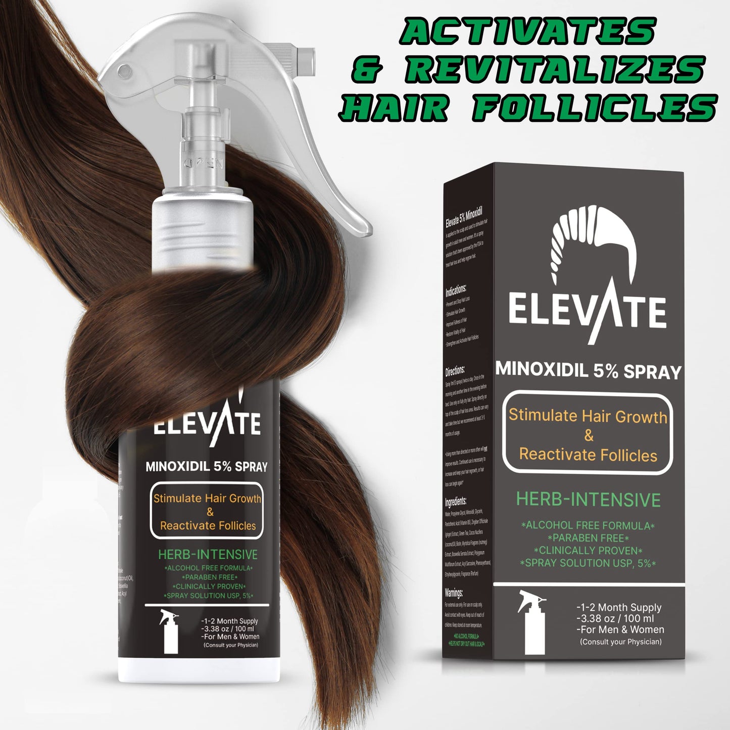 ELEVATE 5% Minoxidil Hair Growth Spray - Alcohol Free Non Oily Formula Extra Strength Professional Treatment for Hair Loss/Regrowth - Stimulate Hair Follicles for Men & Women - 1 Month Supply - Medaid International