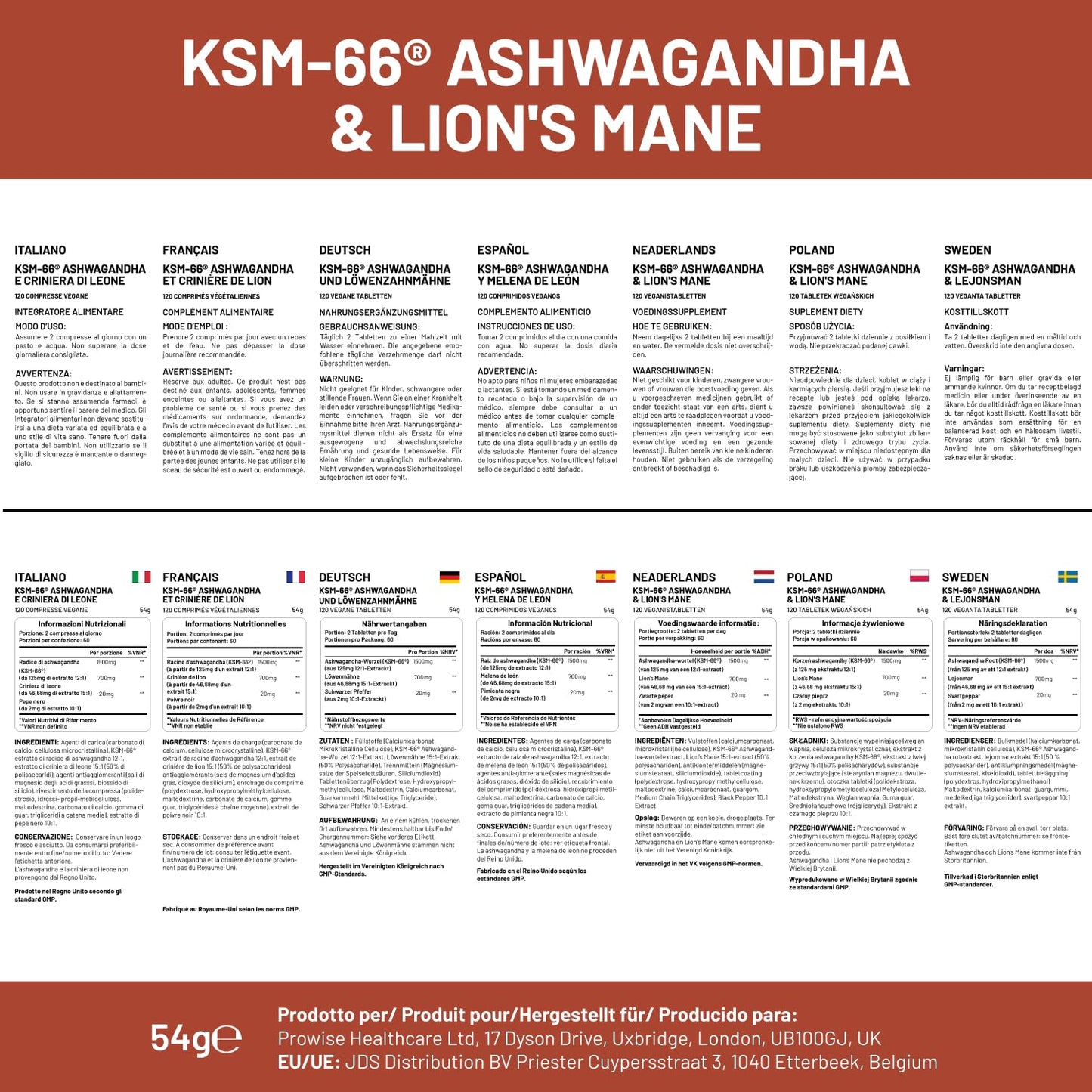 KSM-66 Ashwagandha and Lions Mane Tablets - High Strength 2200mg | KSM-66 Ashwagandha Root Extract and Lions Mane Mushroom Extract - 120 Vegan Tablets with Black Pepper - UK Made by Prowise - Medaid International