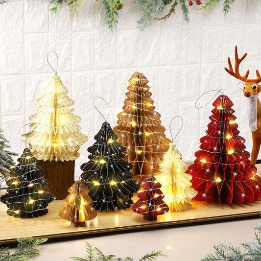 Faccito 8 Pcs Neutral Paper Christmas Tree Honeycomb Centerpiece LED Lighted Paper Honeycomb Christmas Tree with 2 LED Light Strings Holiday Hanging Decoration Table Centerpiece(Vintage Color) - Medaid International