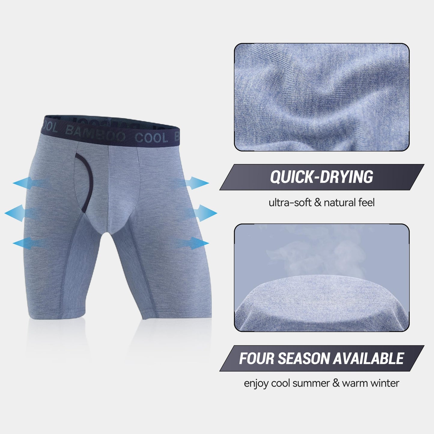 BAMBOO COOL Men's Underwear Boxer Briefs,Regular Leg,Breathable Soft Moisture-Wicking with Fly Underwear For men 4 Pack - Medaid International