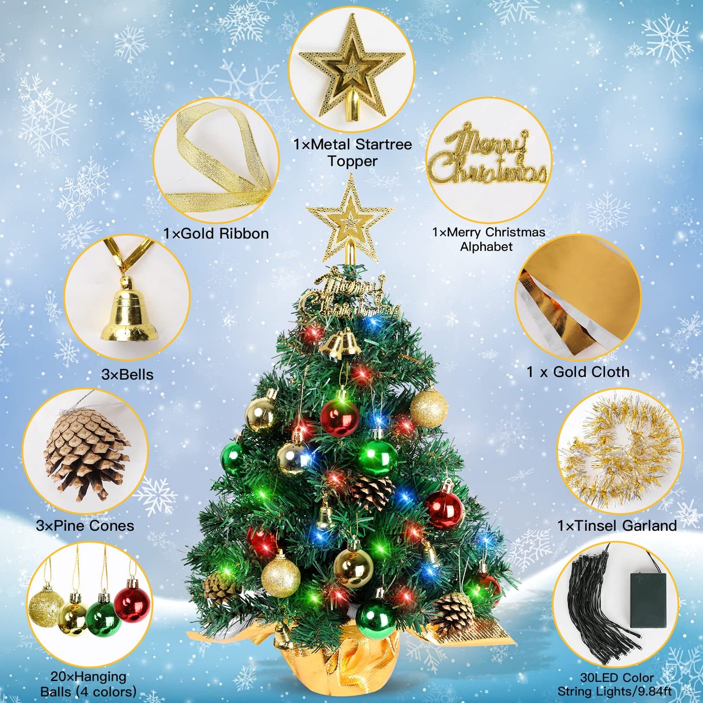 AGIRL Tabletop Christmas Tree 22 Inch Mini Artificial Christmas Tree with 30 LED String Lights, Star Tree, Tabletop Small Xmas Tree for Holiday Indoor DIY Christmas Decor - Medaid International