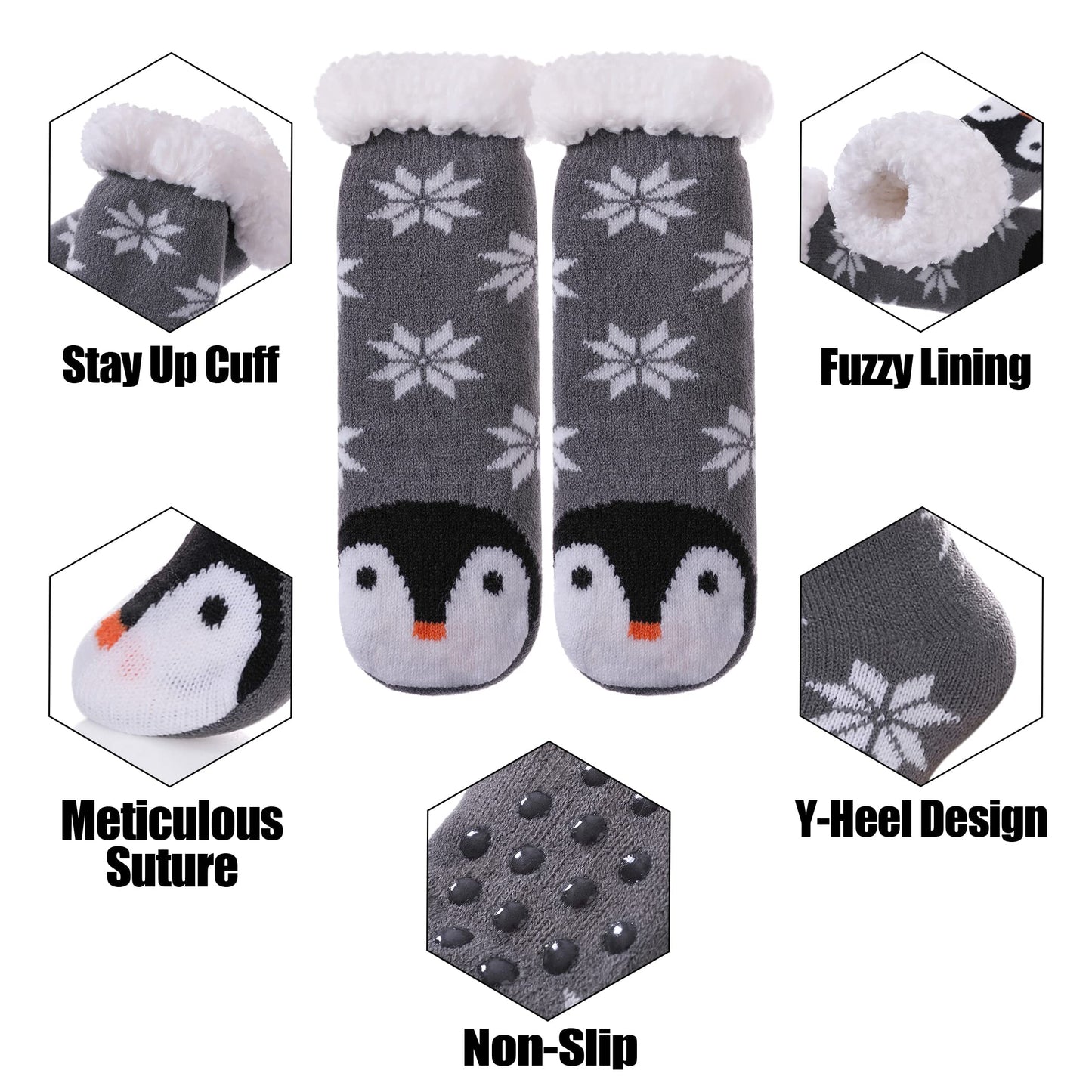 TRUEHAN Kids Girls Boys Slipper Socks Soft Thick Cozy Fuzzy Animal Anti-Slip Winter Thermal Christmas Socks Indoor (Snowflake Penguin, 4-7 Years) - Medaid International