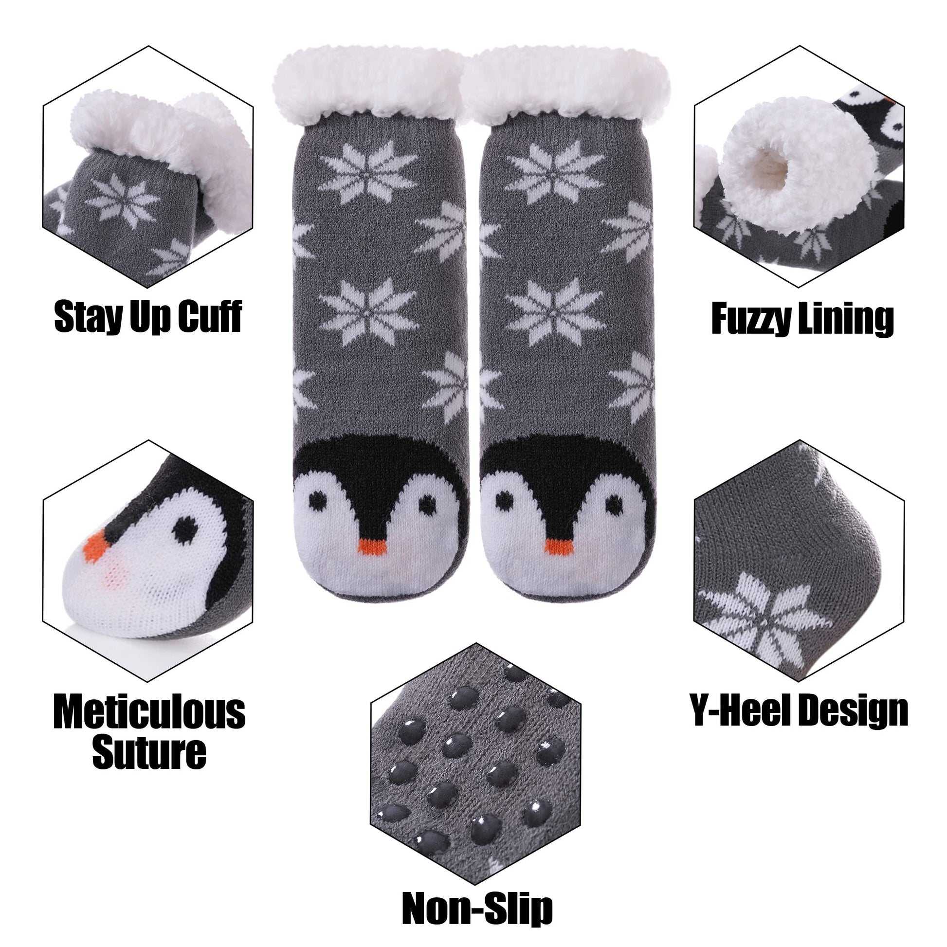TRUEHAN Kids Girls Boys Slipper Socks Soft Thick Cozy Fuzzy Animal Anti-Slip Winter Thermal Christmas Socks Indoor (Snowflake Penguin, 4-7 Years) - Medaid International