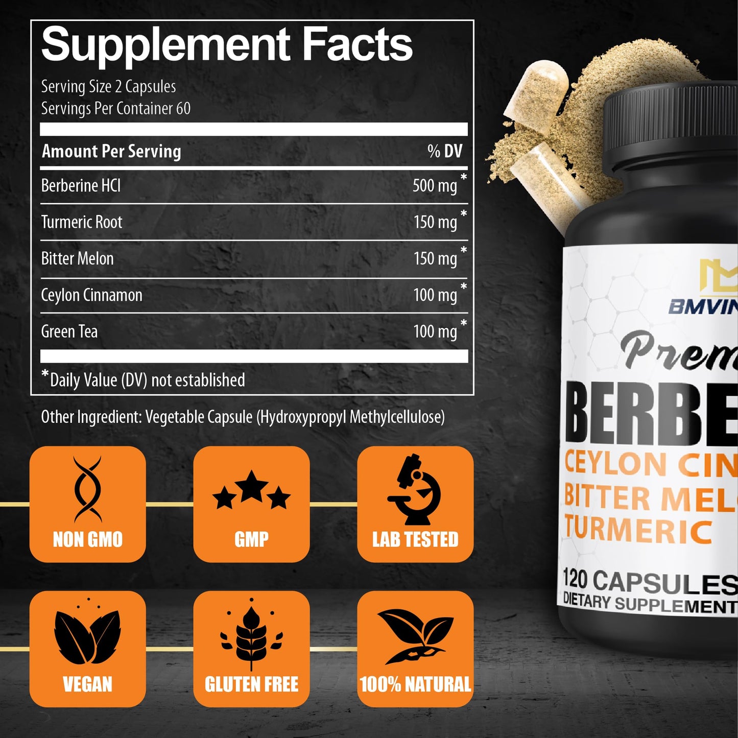 Berberine HCl Supplement, Ceylon Cinnamon and Turmeric Capsules, Green Tea and Bitter Melon Capsules - 120 Capsules for 2 Month Supply - Medaid International