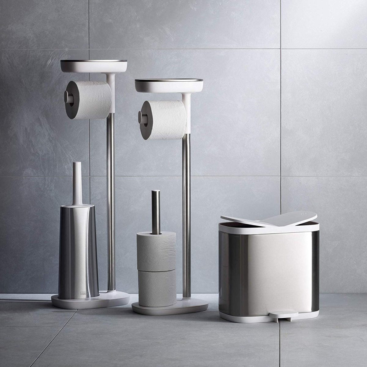 Joseph Joseph EasyStore Butler Toilet Paper Holder Stand and Flex Toilet Brush with Shelf and Drawer, Stainless Steel - Medaid International