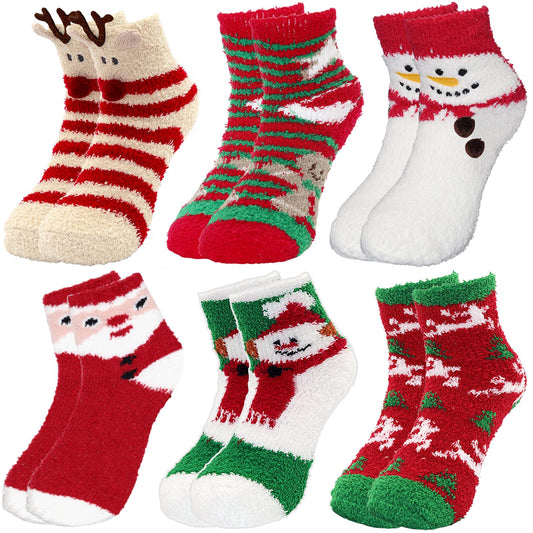 Fuzzy Christmas Socks - 6 Pairs Cozy Warm Fluffy Plush Bed Socks for Women, Girls - Cute Coral Fleece Xmas Indoor - Medaid International