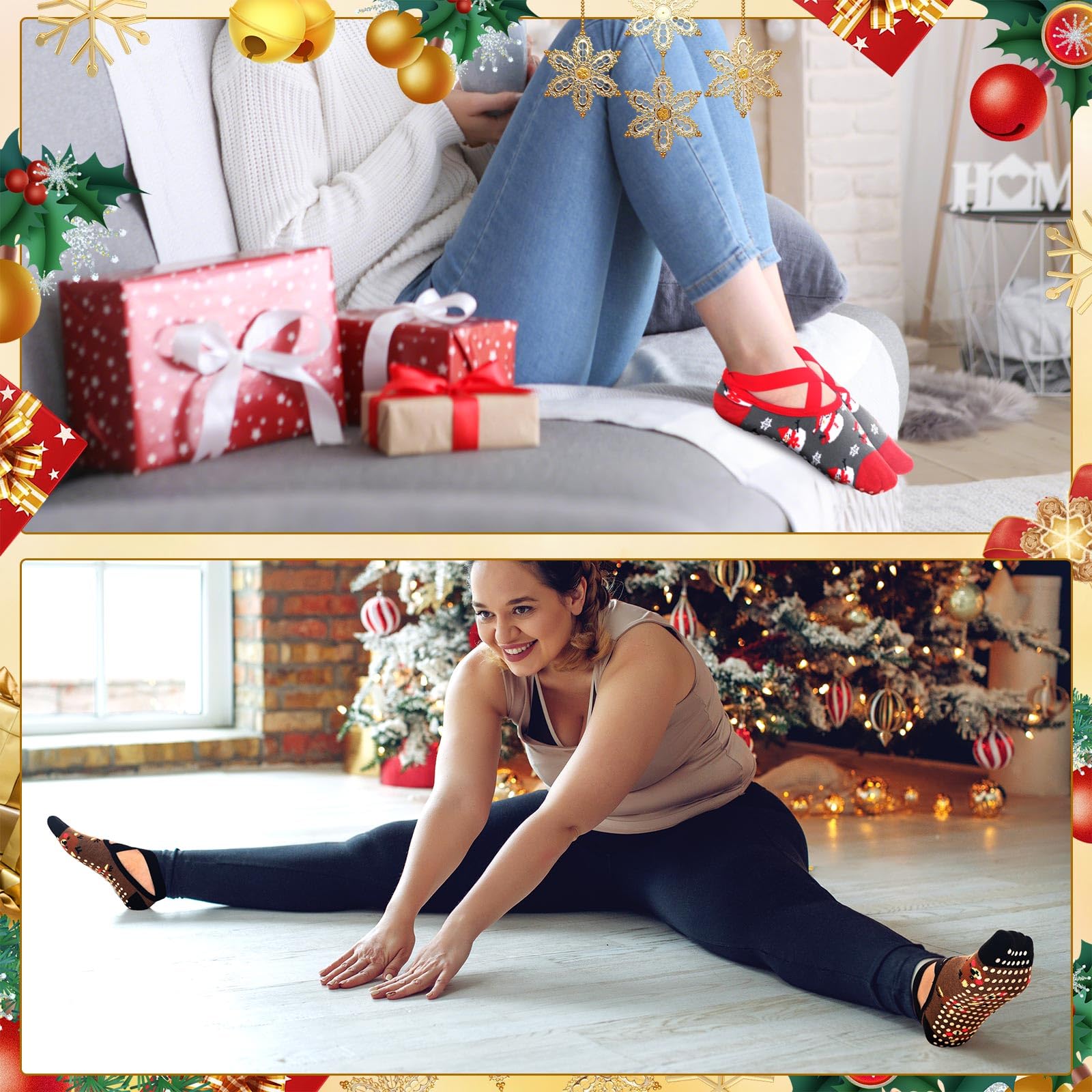 Shyyween 8 Pairs Christmas Yoga Socks for Women Non-slip Grips & Straps, Ideal for Pilates Christmas Gifts for Xmas Holiday Ballet, Dance, Barre, Hospital, Barefoot - Medaid International