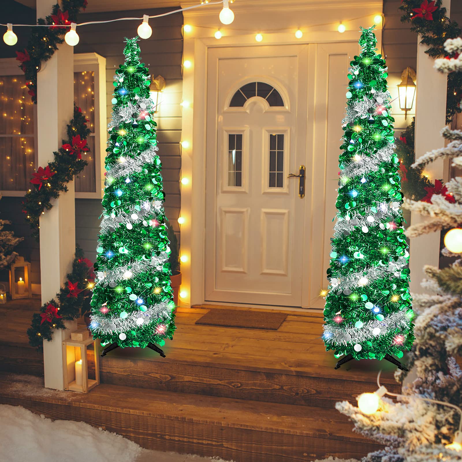 5 FT Christmas Trees with 90 Colorful Lights, Collapsible Artificial Sequin Pop Up Christmas Tree, Tall Skinny Pencil Tinsel Christmas Trees Xmas Tree for Home Apartment Basement Fireplace - Medaid International