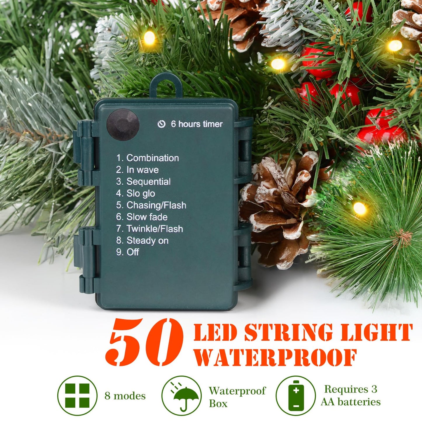 LAVEVE 20" Prelit Small Christmas Tree with Lights, Battery Operated Xmas Tree with Pine Cones & Red Berries, Frosted Urn Filler, 50 LED Warm Lights with Timer, Outdoor for Porch and Pathway, 1 Pack - Medaid International