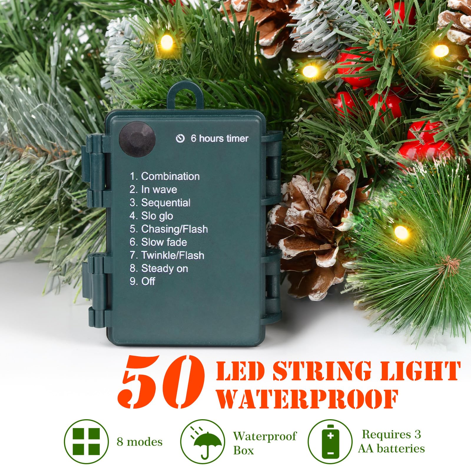 LAVEVE 20" Prelit Small Christmas Tree with Lights, Battery Operated Xmas Tree with Pine Cones & Red Berries, Frosted Urn Filler, 50 LED Warm Lights with Timer, Outdoor for Porch and Pathway, 1 Pack - Medaid International