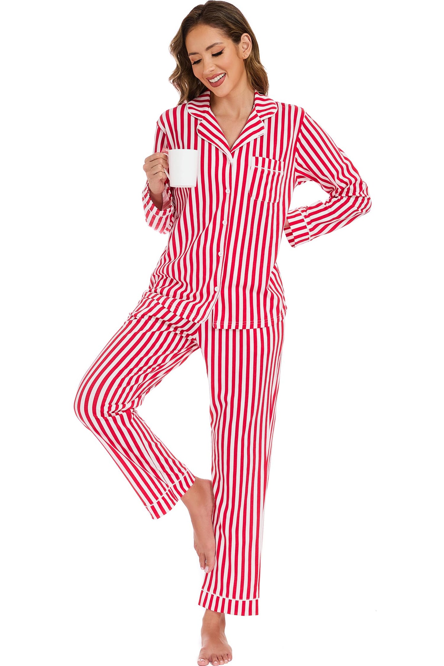 LUBOT Christmas Pajamas for Women 100% Cotton Pajama Set 2 Piece Soft Button Down Xmas Printed PJ Set Long Sleeve Sleepwear Loungewear (Red Stripe, L) - Medaid International